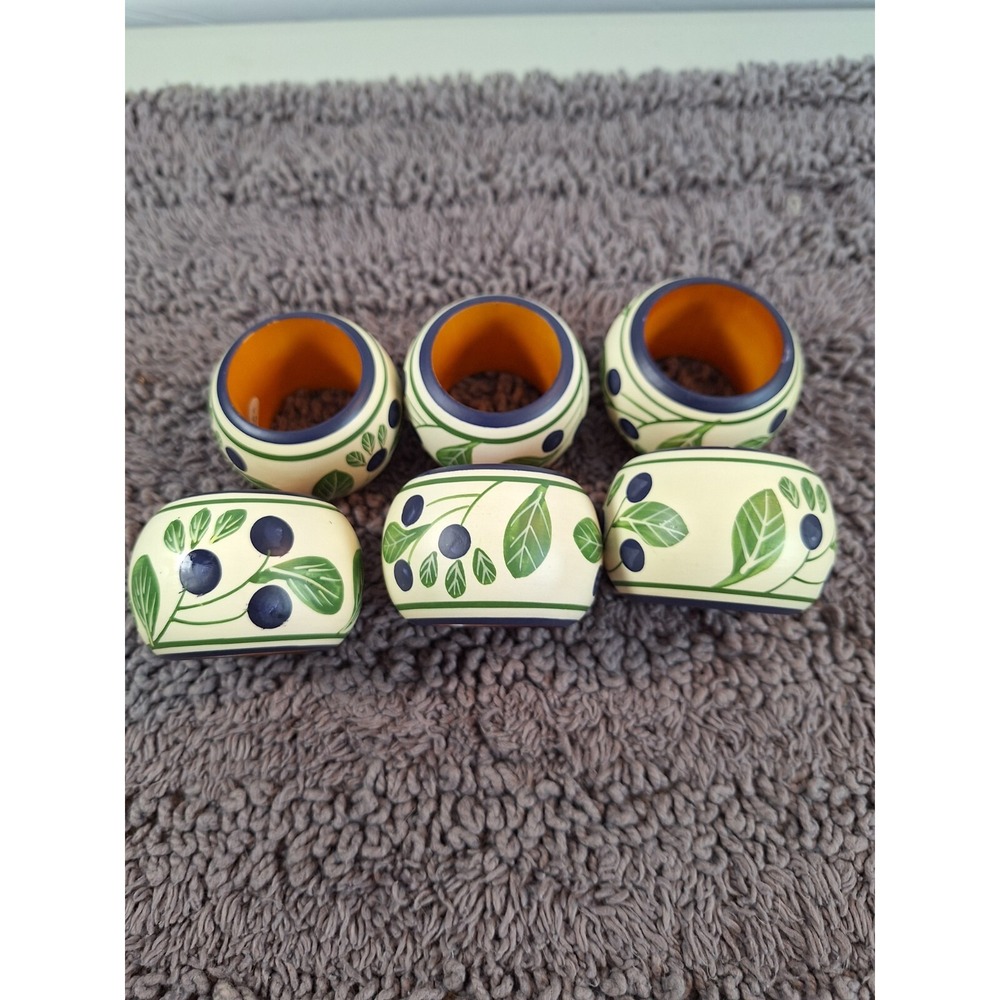 Dansk‎ Wooden Napkin Rings 6 Pc Set Blueberry Leaf Hand Painted Fruit Botanical